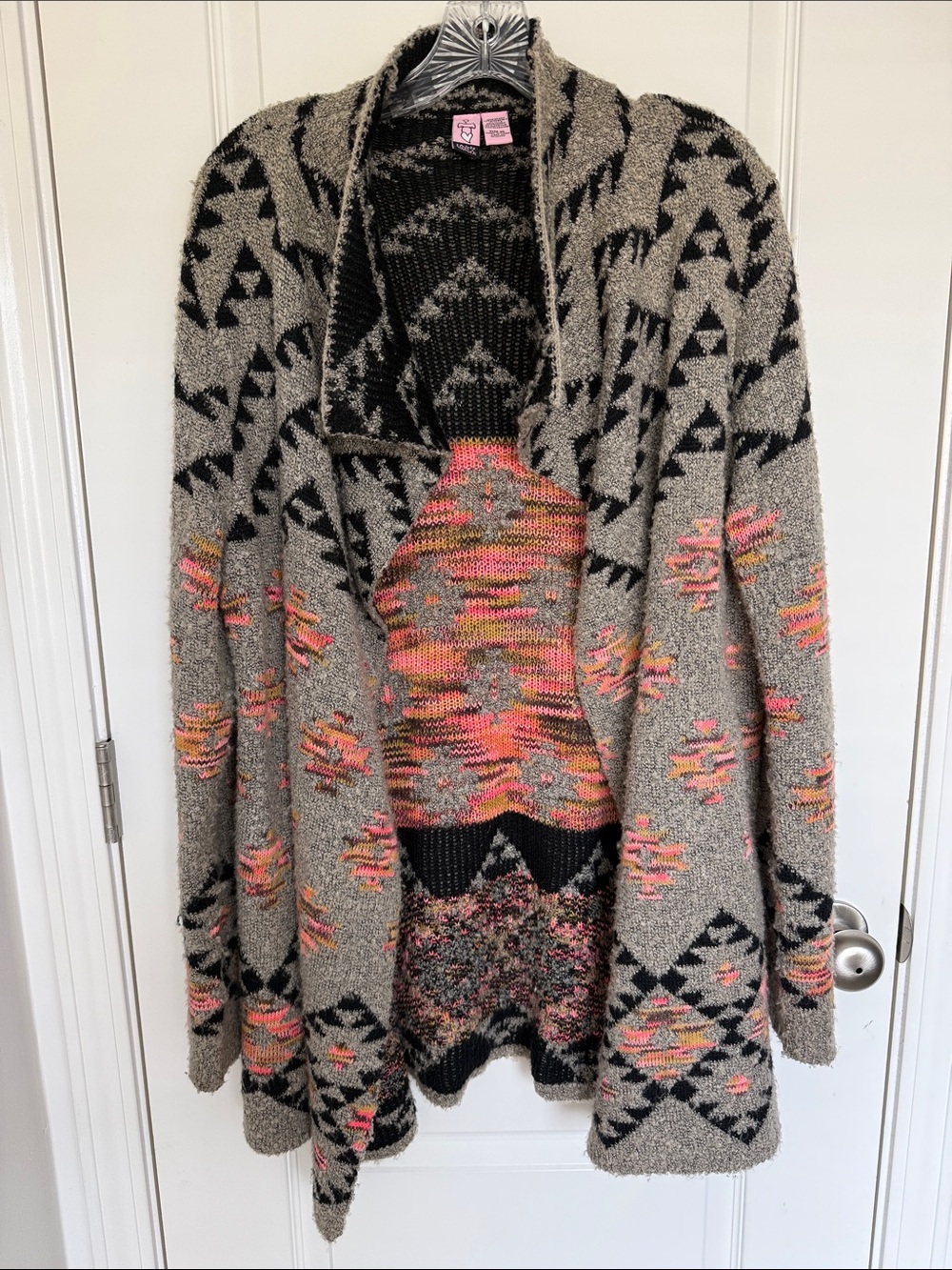 Cozy Aztec Open-Front Cardigan Sweater - Gray with Pink & Orange Accents
